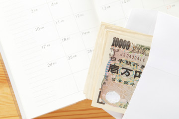 給料日　封筒に入ったお金