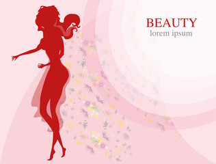 Fototapeta na wymiar vector illustration with a silhouette of a beautiful woman on a floral background