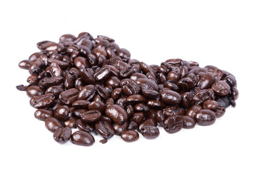 Coffee beans in shape of heart on white background
