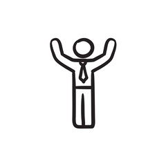 Man with raised arms sketch icon.