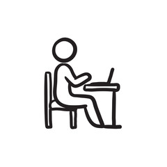 Businessman working on laptop sketch icon.
