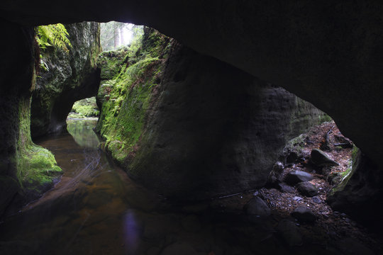 Krinice River flowing through tunnel formed by rocks, Kyov, Ceske Svycarsko / Bohemian Switzerland National Park, Czech Republic, September 2008