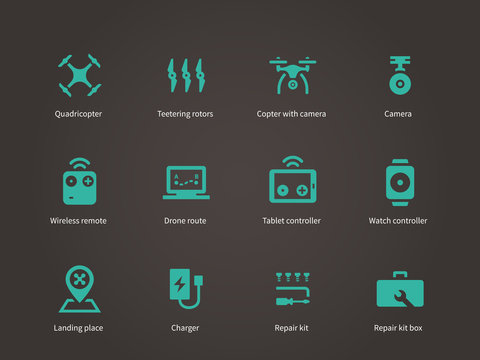 Delivery air drone icons set.