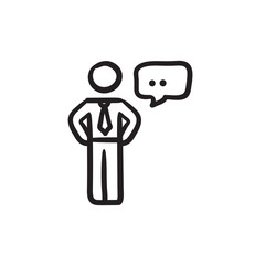 Businessman with a speech square sketch icon.