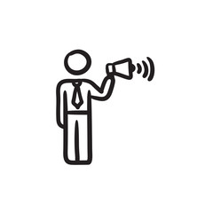 Businessman with megaphone sketch icon.