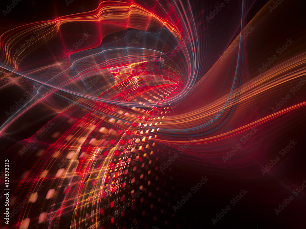 Poster abstract background element. three-dimensional composition of wave shapes, grids and particles. scie