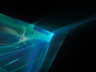 Abstract background element. Fractal graphics series. Three-dimensional composition of glowing lines and mosaic halftone effects. Information and energy concept. Blue and black colors.