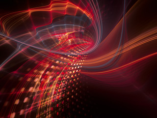 Abstract background element. Three-dimensional composition of wave shapes, grids and particles. Science and technology concept. Red and black colors.