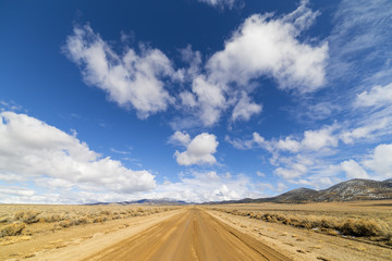Dirt road in the Nevada desert under blue sky with clouds.  Road is wet dirt and mud.