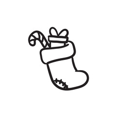 Christmas boot with gift and candy sketch icon.