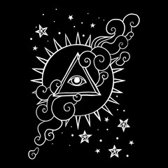 Eye in pyramid with sun and stars