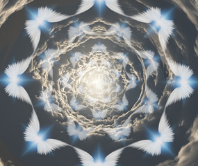 Angels in tunnel of clouds