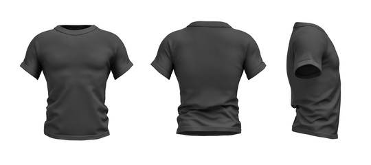 3d rendering of a black T-shirt shaped as a realistic male torso in front, side and back view.