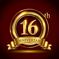 16th golden anniversary logo with gold ring and golden ribbon, vector design for invitation card and greeting card for birthday party celebration.

