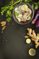 Fototapeta na wymiar Food ingredients on black background - creating recipe concept