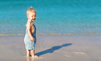 happy fun   baby on beach near sea in summer