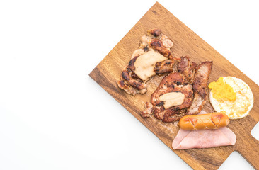 mix grilled steak on wood plate