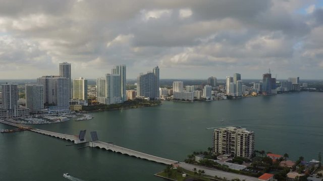 Miami Aerial v3 Flying over bay panning with cityscape, islands and south beach views.