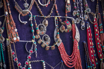 Colorful traditional uzbek ancient handcraft jewellery in the bazaar in Bukhara, Uzbekistan