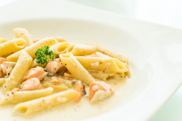 Penne carbonara pasta with salmon