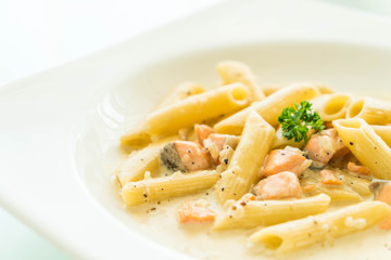 Penne carbonara pasta with salmon