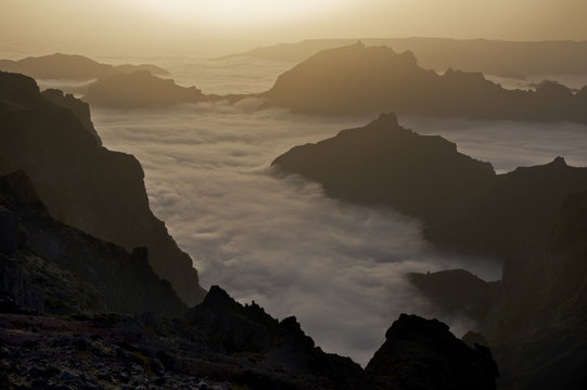 View from Pico do Arieiro of mountains surrounded by low clouds, Madeira, March 2009