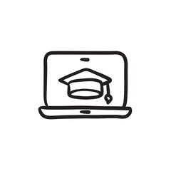 Laptop with graduation cap on screen sketch icon.