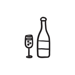 Bottle of champaign and glass sketch icon.