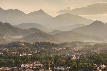 Top view of Luang Prabang from Phousi Mountain during sunset.