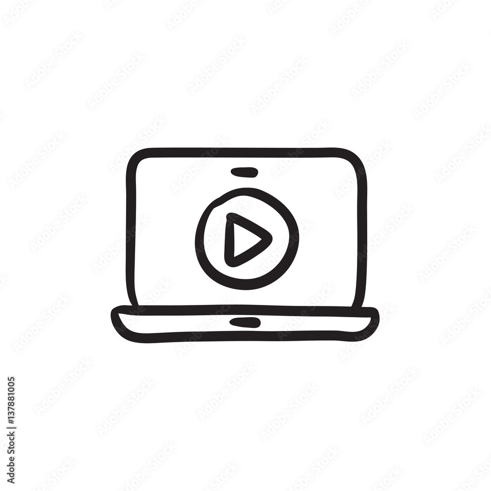 Poster laptop with play button on screen sketch icon.