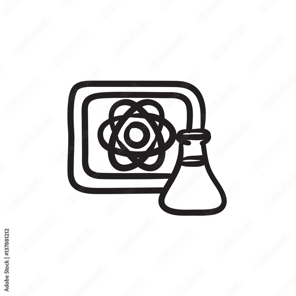 Poster atom sign drawn on board and flask sketch icon.
