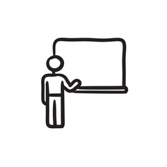 Professor pointing at blackboard sketch icon.