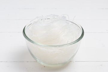 Mung bean vermicelli or cellophane noodles, a transparent thread-like noodle made from dried mung bean paste for use in traditional Asian cuisine