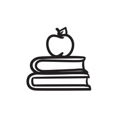Books and apple on top sketch icon.