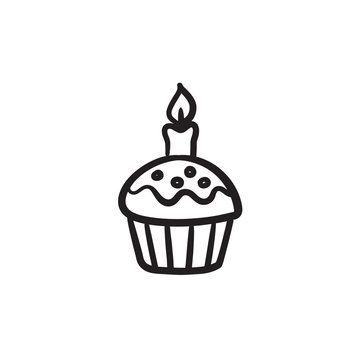 Easter Cupcake With Candle Sketch Icon.