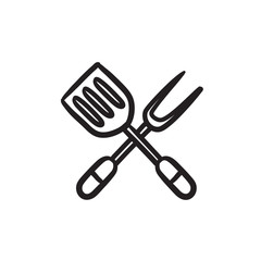 Kitchen spatula and big fork sketch icon.