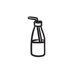 Glass bottle with drinking straw sketch icon.