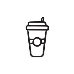 Disposable cup with drinking straw sketch icon.