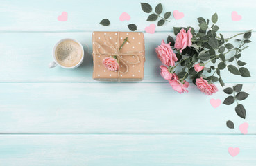 Roses with coffee cup and gift box for Mothers day