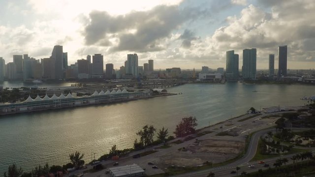 Miami Aerial v13 Flying low over Watson Island with cityscape views.