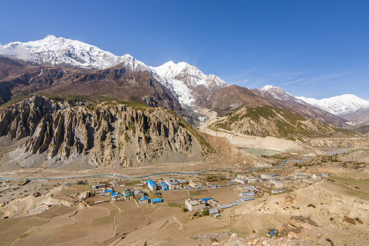 View of Manang valley and Annapurna mountains range. Annapurna circuit trek, Nepal