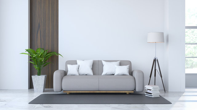 White room interior, gray sofa and white lamp on Marble floor and white wall /3d render