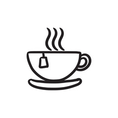 Hot tea in cup sketch icon.