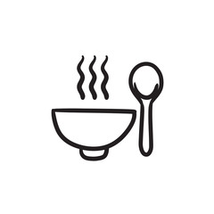 Bowl of hot soup with spoon sketch icon.