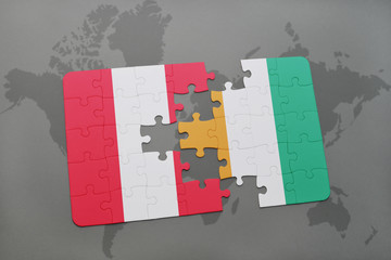 puzzle with the national flag of peru and cote divoire on a world map