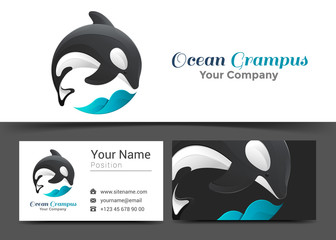 Grampus Wave Corporate Logo and Business Card Sign Template. Creative Design with Colorful Logotype Visual Identity Composition Made of Multicolored Element. Vector Illustration