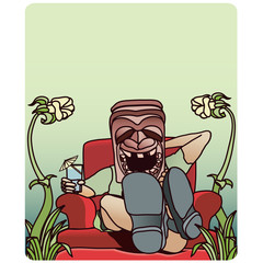 Man sitting comfortably in a chair, holding a drink with an umbrella, wearing a native mask.