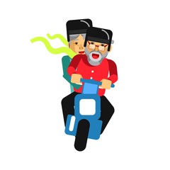 Grandparents driving on motorbike isolated on white. Vector illustration