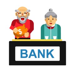 Elderly making deposit in bank. Grandparents with bag of money