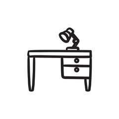Desk lamp on table sketch icon.